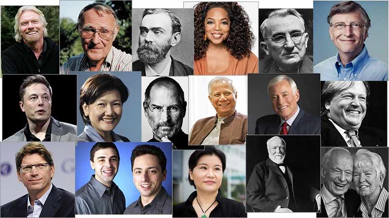 Dale Carnegie, Andrew Carnegie, Sir Richard Branson, Oprah Winfrey, Ingvar Kamprad, Brian Tracy, Muhammad Yunus, Olivia Lum, Zhou Qunfei, Alfred Nobel, Elon Musk, Steve Jobs, Niklas Zennström