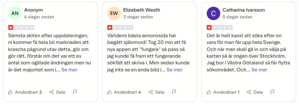 Kundomdömen från Trustpilot som alla ger betyg ett av fem och är mycket kritiska till Blockets nya sajt.