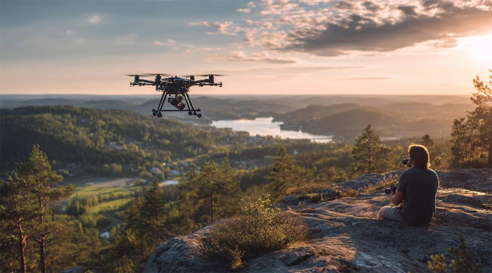 Drönare flyger över bergsklipporna och tar bilder där en man sitter och övervakar.