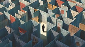 Labyrint byggd av blanketter och formulär