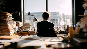 Småföretagare omgiven av pappershögar som symboliserar byråkrati