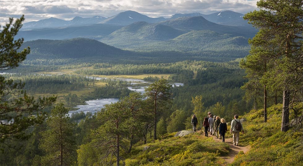 Turistguide leder en grupp resenärer genom naturskön miljö med skog och berg i bakgrunden.