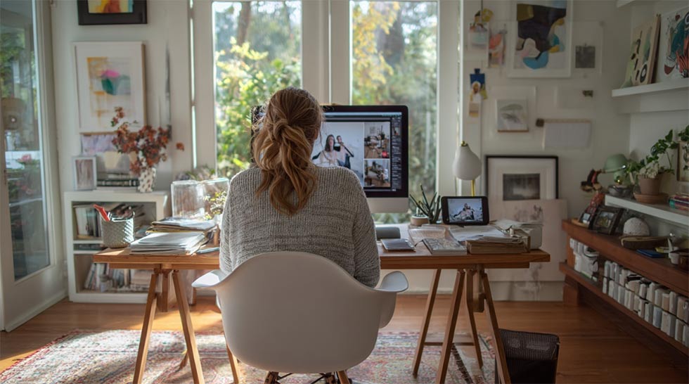 Kvinna jobbar som konsult och virtuell assistent på sitt hemmakontor.