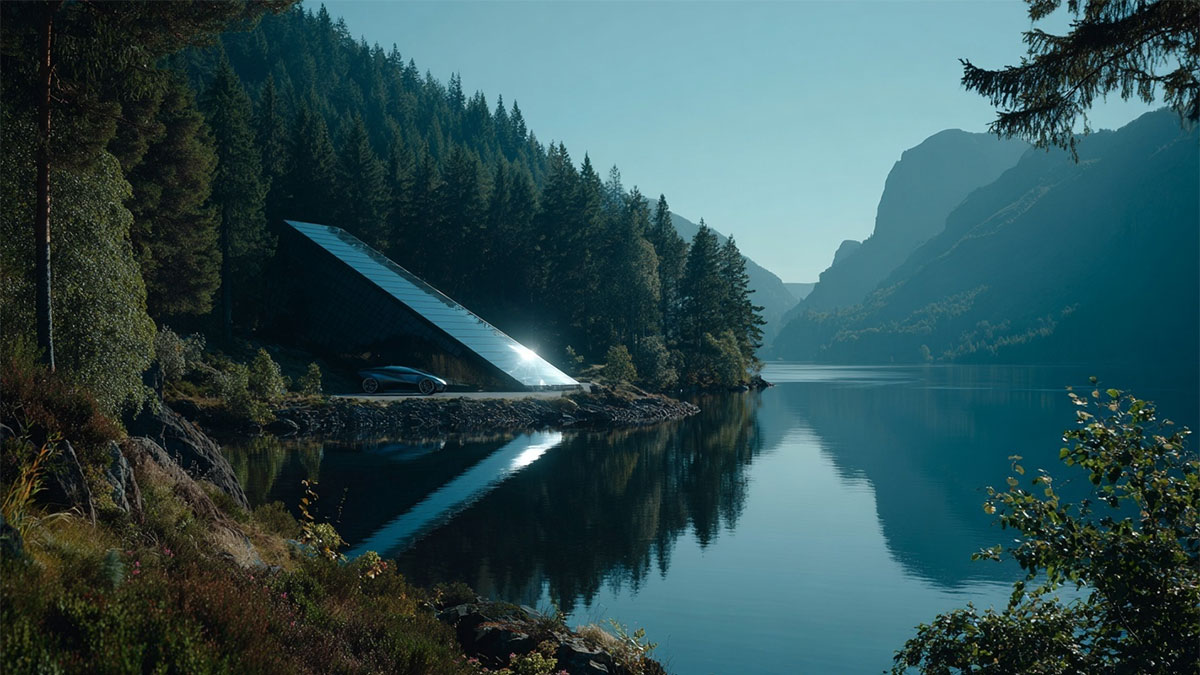 Futuristiskt hus vid en skogssjö omgivet av berg och natur, med modern minimalistisk arkitektur och hållbar teknik integrerad i landskapet.
