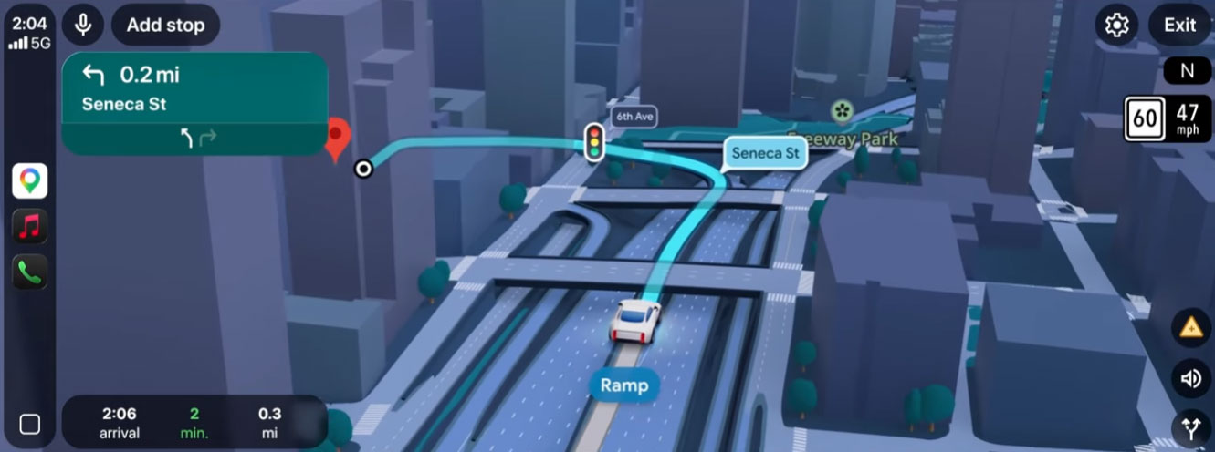 Google Immersive Navigation som visar hur en bil enklare ska köra av en avfart för att nå destinationen.