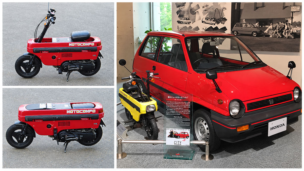 Honda Motocompo i utfällt och hopfällt läge samt en Honda City med Motocompo bredvid.