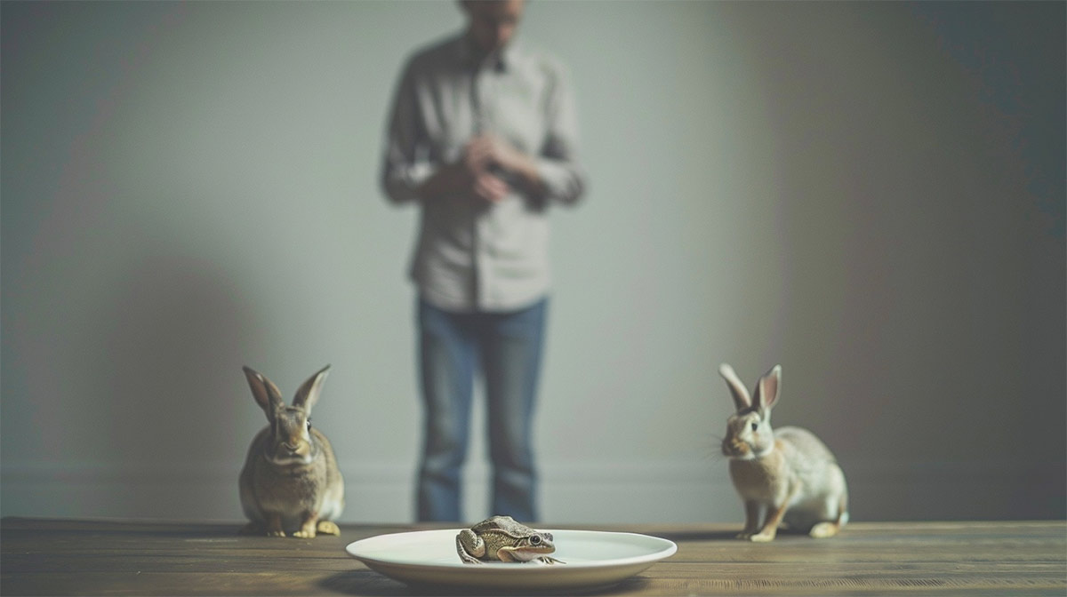 Man som prioriterar rätt uppgift – grodan först och två kaniner som symboler för fokus och distraktion.