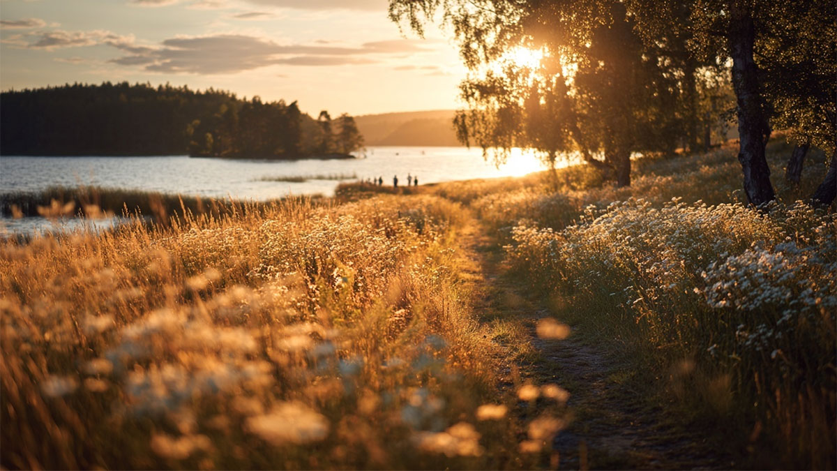 Svensk sommaräng med havet och öar i bakgrunden där en familj leker och umgås.