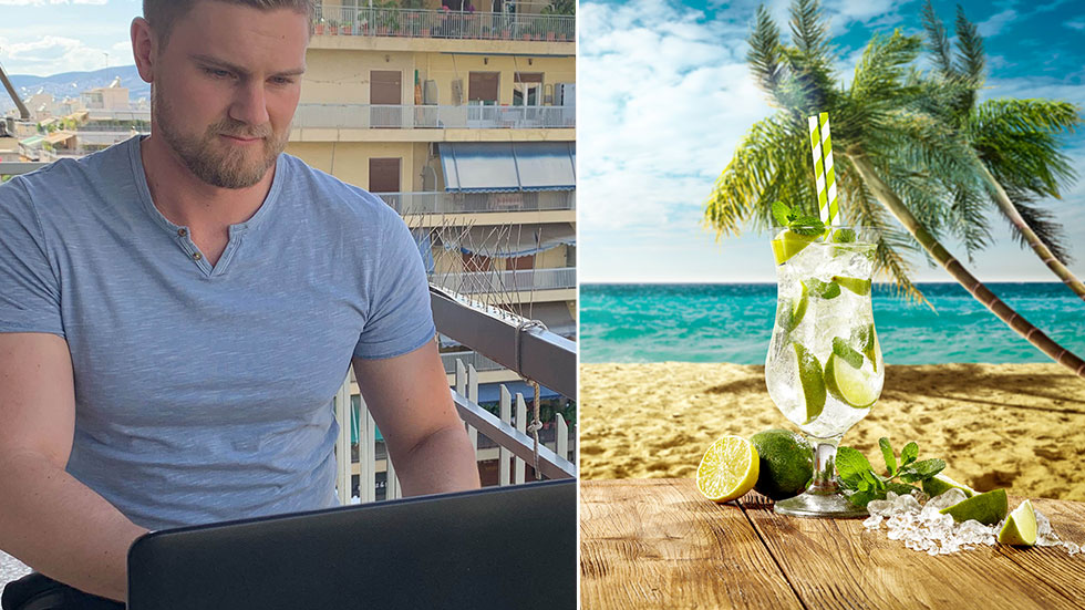 En laptop i knät på en strand med en drink i handen är en vanlig kliché