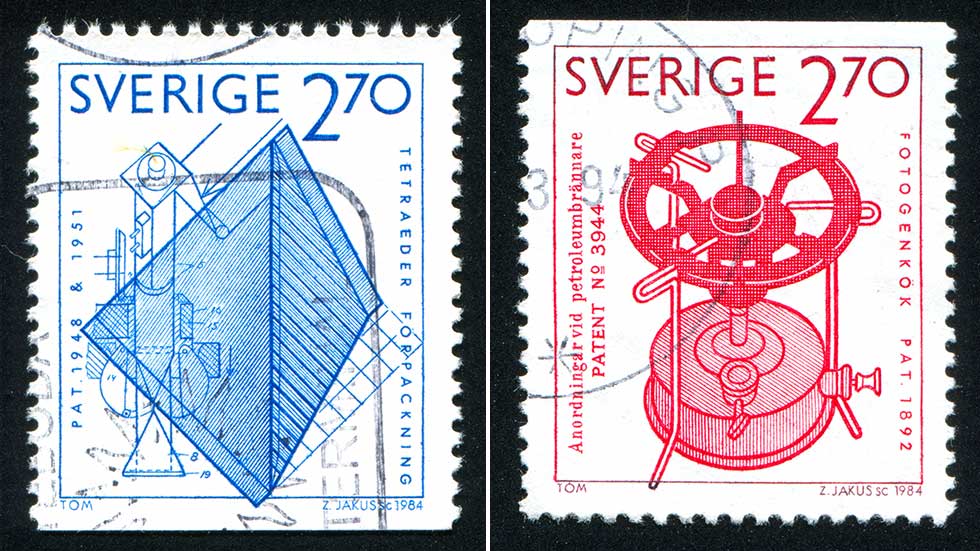 Frimärke med två svenska uppfinningar. Tetraeder/Tetrapak till vänster och fotogenkök med petroleumbrännare till höger.