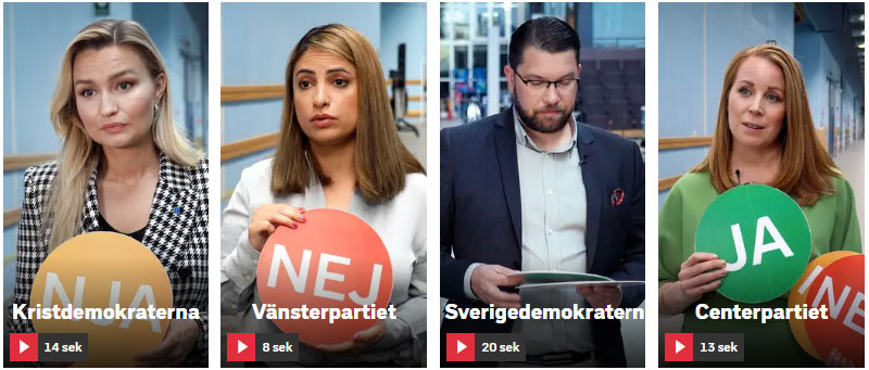 Från vänster: Ebba Bush, Nooshi Dadgostar, Jimmie Åkesson, Annie Lööf, där de svarar på frågan om vinster i skolföretag är ok eller inte.